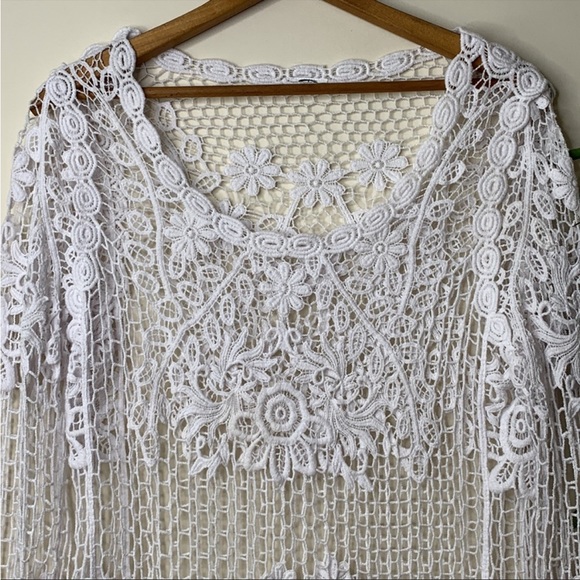 White Open Weave Floral Embroidered Scoop-neck Tunic Top Swim Coverup PTP 19.5” - Picture 2 of 9